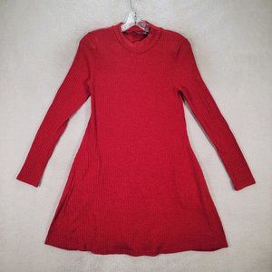 CNFIO Red Ribbed Knit Mock Neck Lightweight Pockets Cozy Long Sleeve A Line